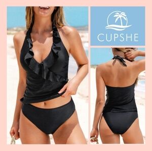👙CUPSHE Women's Tankini Set Two Piece Swimsuit Ruffled Halter Low Back.